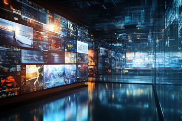 background with a newsroom displaying breaking news headlines on a large digital screen