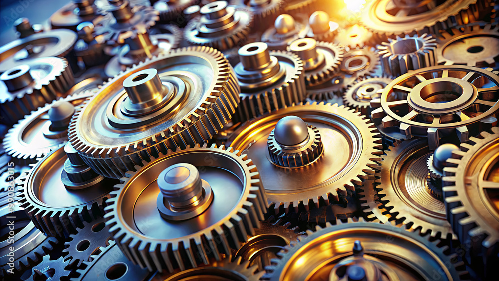 Poster a collection of metallic gears and cogs interlaced together, glowing under warm light, emphasizing t