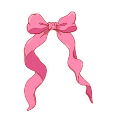 Coquette pink bow knot, gift ribbon. Trendy hair braiding accessory. Bow knots for gift wrapping, party decoration, present. Vector illustration.