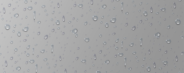 Rain transparent drops flow down the glass.Realistic wet condensation texture.Fresh water splash effect on the surface.Liquid spreading droplet shapes.