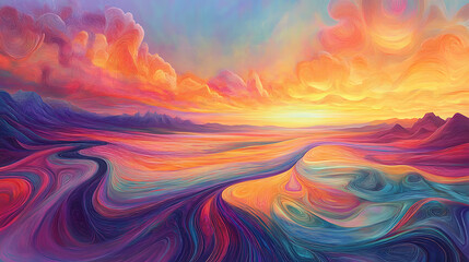 Obraz premium A and surreal landscape with flowing rivers of colour and a distant, fantastical horizon