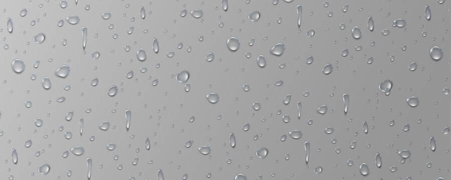 Rain transparent drops flow down the glass.Realistic wet condensation texture.Fresh water splash effect on the surface.Liquid spreading droplet shapes.