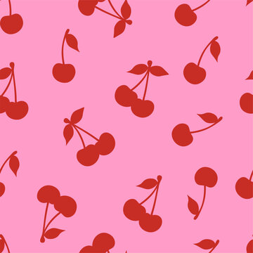 Seamless pattern with abstract red cherry fruit on pink background. Editable vector illustration for wrapping paper, packaging, fabric, wallpaper, phone case etc.