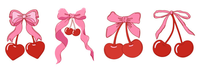 Set of coquette heart-shaped cherries with bow. Various cherry with ribbons. Vector illustration for posters, cards, logo, printing on t-shirt etc.