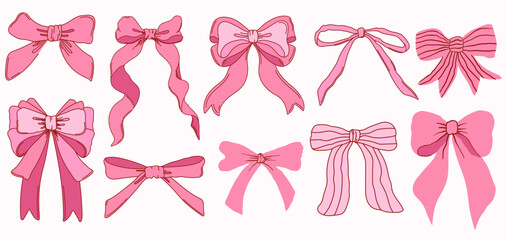 Set of coquette pink bow knots, gift ribbons. Trendy hair braiding accessories. Bow knots for gift wrapping, party decoration, present. Vector illustration.
