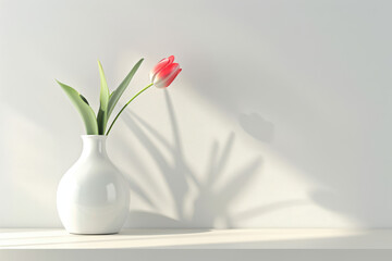 A white vase and tulip flower on a table against a light gray wall.