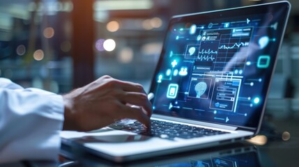 A person researching medical conditions online using a laptop, with healthcare websites on the screen.