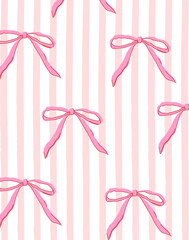 Abstract pink bow knot retro poster. Coquette aesthetic pink ribbon bow on striped white pink background. Trendy gallery wall arts with bow. Vector for wall decor, postcard, room Decor, t shirt etc.