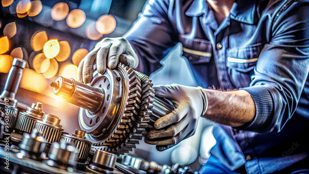 Poster a technician focuses on assembling intricate gear components using precision tools in a bustling wor