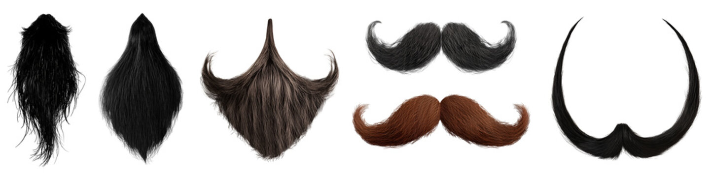 Collection Set of mustache moustache beard goatee on transparent cutout PNG file. Many different style. Mockup template for artwork design