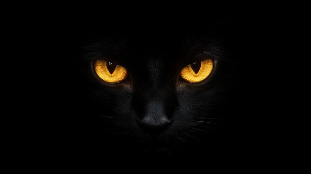 glowing yellow eyes of a black cat