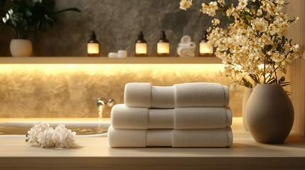Spa atmosphere with rolled towels and flowers by a bath