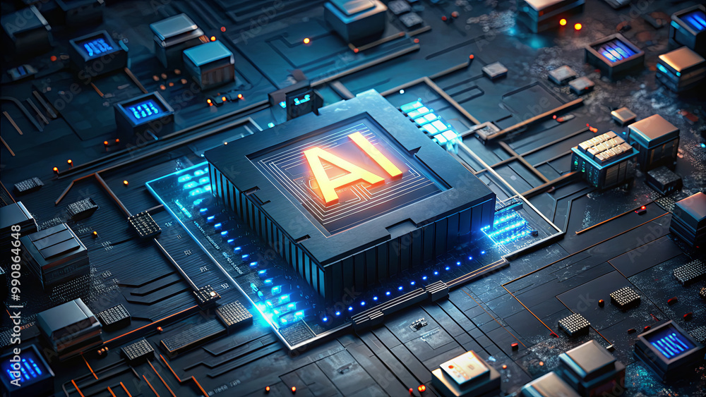Poster The image highlights a detailed microchip labeled AI illuminated on a dark circuit board, emphasizing the intricate design and cutting-edge technology in artificial intelligence