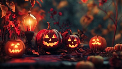 Happy Halloween Decoration with Glowing Jack-o'-Lantern on Wooden Table