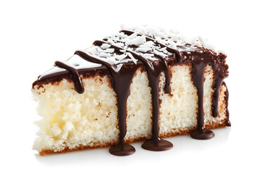 Delicious Slice of Coconut Cake with Chocolate Sauce isolated on white