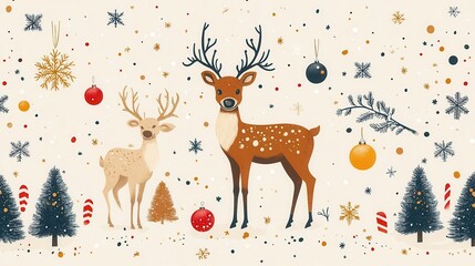 Fototapeta premium whimsical christmas pattern playful seamless design featuring stylized snowflakes reindeer ornaments and candy canes in a retro color palette