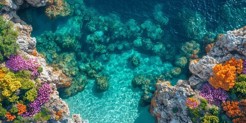 Naklejka premium Aerial View of Vibrant Coral Reef with Clear Water