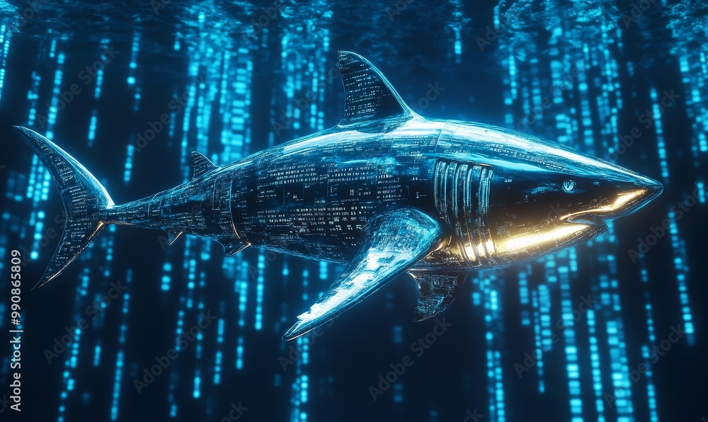 Poster digital shark with blue glowing code.