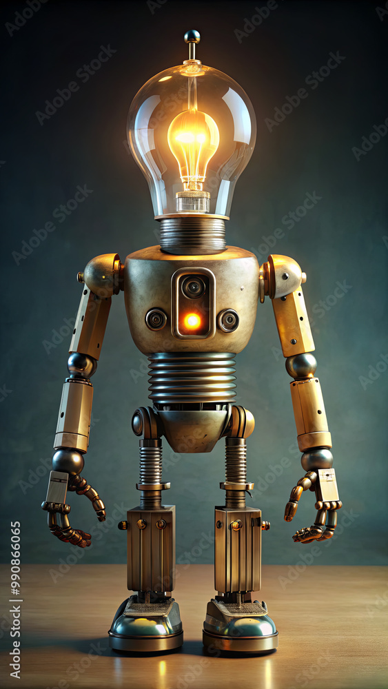 Poster this unique robot design features a lightbulb for a head, made from metallic components. it stands p