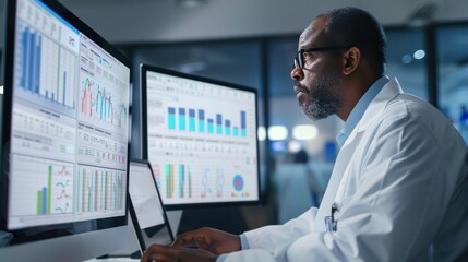 A healthcare professional analyzing patient data and statistics for research on a computer screen.