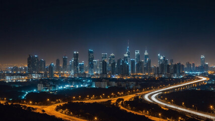 Fototapeta premium Aerial view of a modern city skyline at night with bright lights and busy highways intertwining.