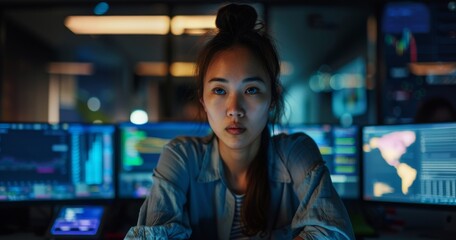 Female software developer working late at night in an office, surrounded by computer screens and lines of code, representing her dedication to the digital world of technology. Shot with a Sony Alpha A