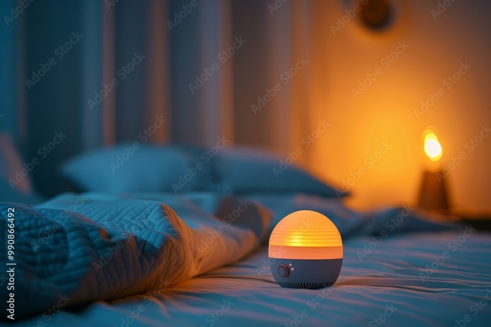 Poster modern salt lamp diffuser glowing on a bedside table, creating a warm and inviting ambiance in a bed