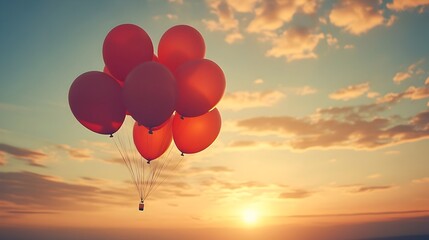 Fototapeta premium Mesmerizing cluster of colorful balloons drifting gracefully into the ethereal sunset sky creating a serene and captivating natural landscape