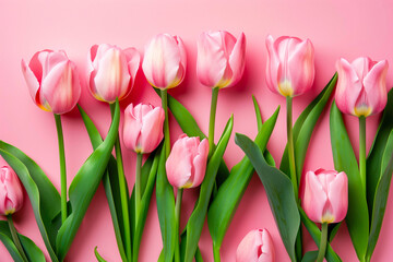 Fototapeta premium Beautiful composition spring flowers. Bouquet of pink tulips flowers on pastel pink background. Valentine's Day, Easter, Birthday, Happy Women's Day, Mother's Day. Flat lay, top view, copy space