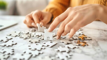 Fototapeta premium A woman's hands working on a large jigsaw puzzle.