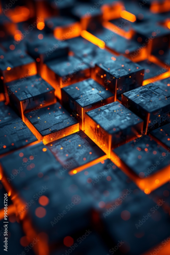 Poster glowing orange embers illuminate a textured surface of interlocking dark blocks during an abstract a