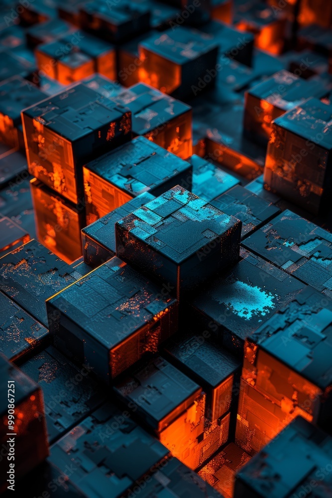 Poster colorful illuminated cubes in a futuristic design, creating a vibrant geometric pattern in a digital