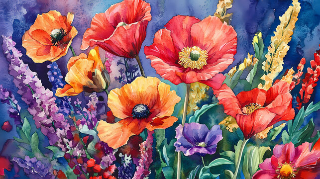 Vibrant wildflowers painted on a watercolor canvas, embodying vitality and festivity. Renaissance Festival. Illustration