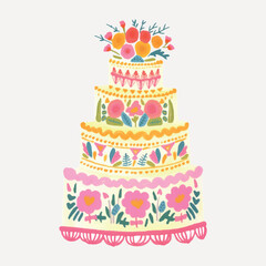 Colorful floral wedding cake illustration
