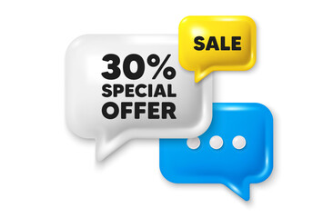 30 percent discount offer tag. Offer speech bubble 3d icon. Sale price promo sign. Special offer symbol. Discount chat offer. Speech bubble sale banner. Discount balloon. Vector