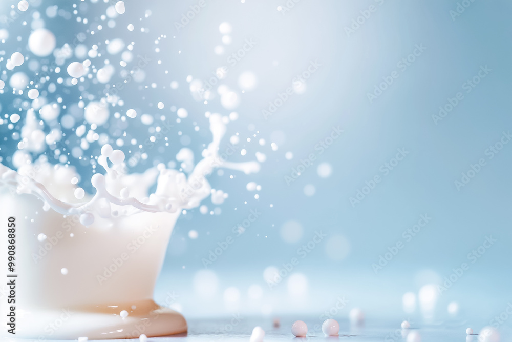 Poster a container tips over, causing milk to spill and splash across a light blue background, creating a v