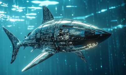 Obraz premium Metallic shark swimming through digital data.