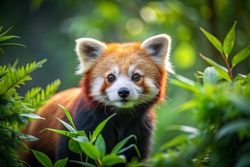 A red fox panda, its fur a brilliant shade of red, explores its forest home, surrounded by tall