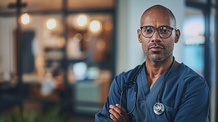 Fototapeta premium A close-up portrait of a doctor with a stethoscope around their neck, standing confidently in a modern medical office, exuding professionalism.