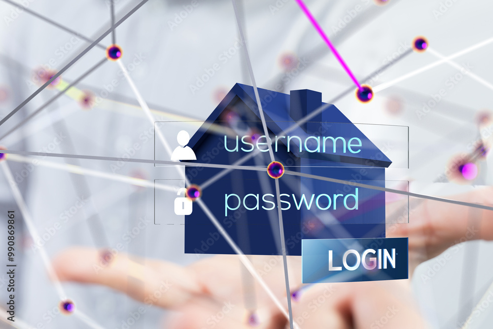 Poster home iot - Neural network 3D illustration. Big data and cybersecurity - 3d