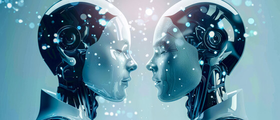 Fototapeta premium Two robots with human faces are shown in a blurry image