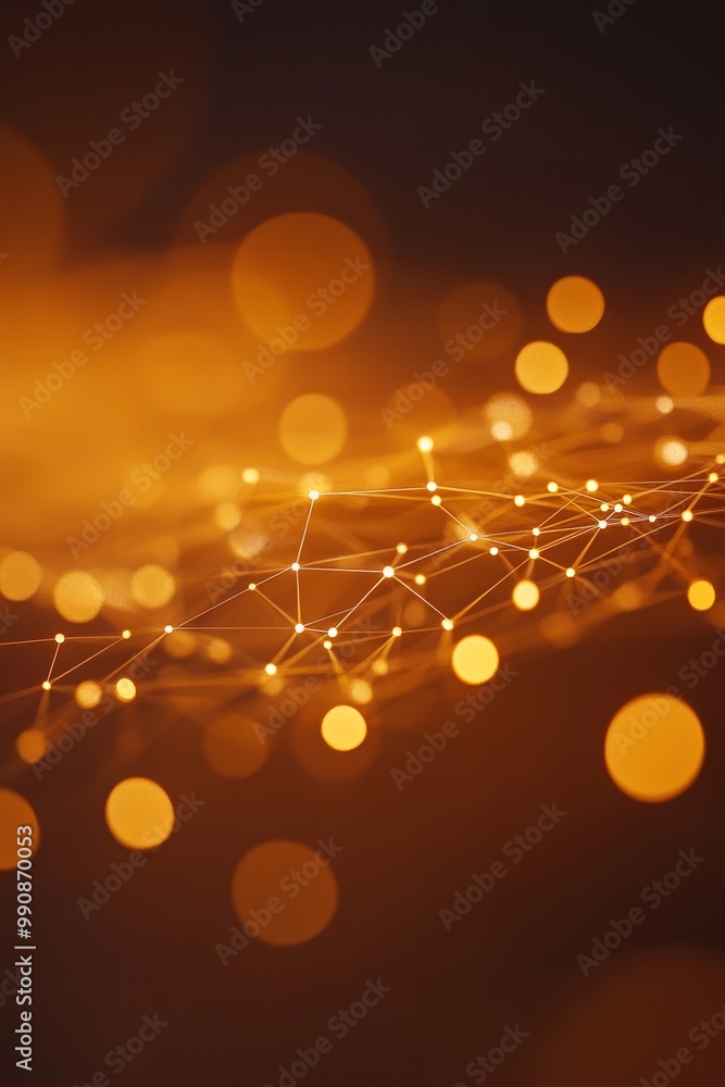 Poster golden network abstract background with connecting lines, particles, and glowing bokeh effects