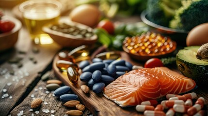 Fototapeta premium A close-up of healthy food and supplements on a wooden table, representing wellness and nutrition.