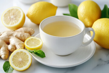 Cup of ginger lemon tea with fresh lemons, ginger root, and mint leaves