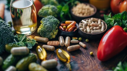 A close-up of healthy food and supplements on a wooden table, representing wellness and nutrition.