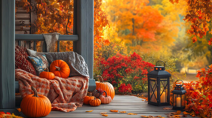 A cozy porch decorated with pumpkins, lanterns, and a blanket, overlooking a colourful autumn garden