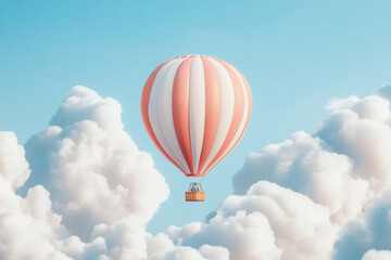 Fototapeta premium Hot air balloon floating in blue sky surrounded by soft clouds