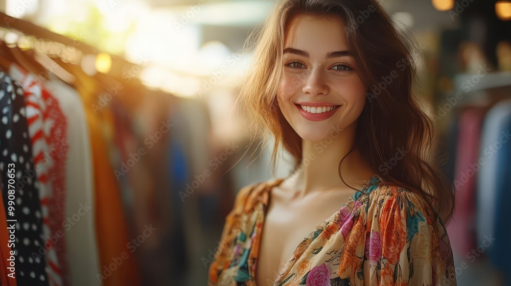 Wall mural joyful young woman smiling in a vibrant clothing store, showcasing stylish fashion and a warm atmosp