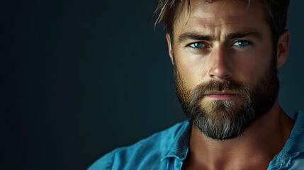 Obraz premium A man with a beard and a blue shirt