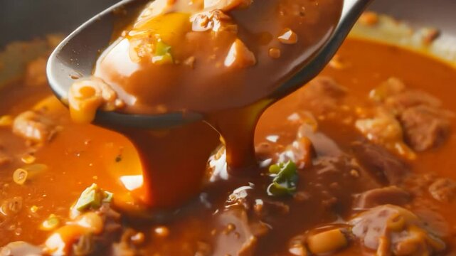 A spoon is lifting a generous portion of thick, savory stew from a pot, showcasing vibrant colors and hearty ingredients, perfect for a comforting meal